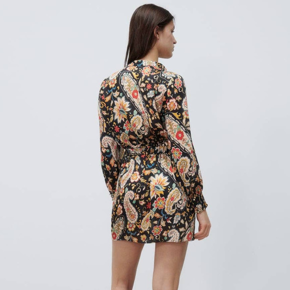 Zara Paisley Floral Printed Short V-neck Dress in Black - Picture 2 of 15